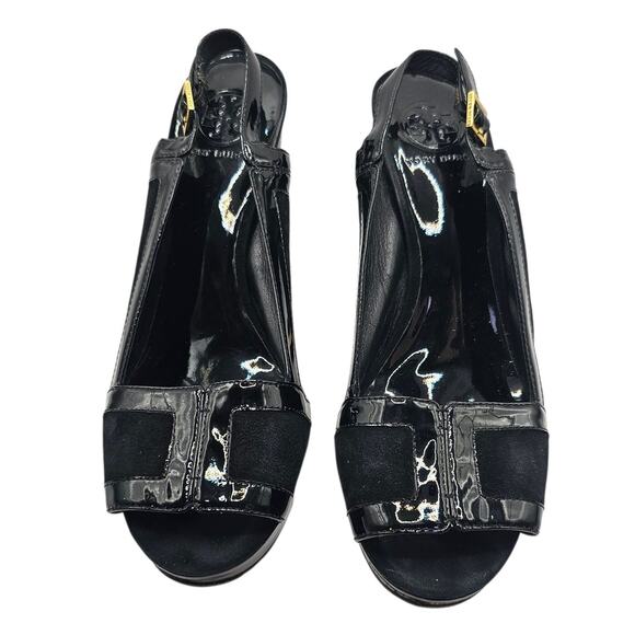 Tory Burch Sample Gemma Black Suede & Patent Leather Platform Heel Slingback - Picture 4 of 10